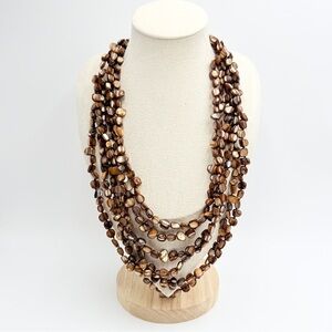 Vintage Multi-Strand Brown Shell Beaded Necklace with Toggle Clasp
